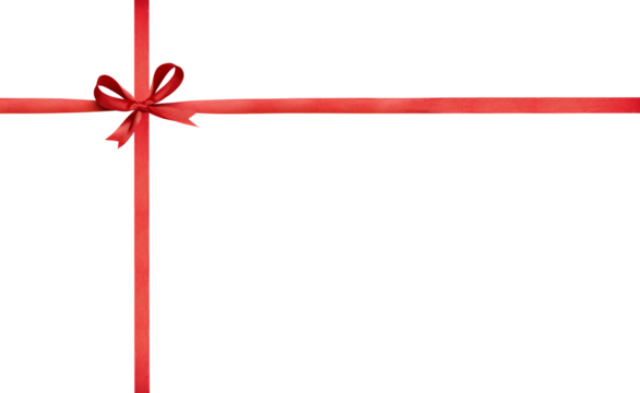A large red ribbon bow on the left of a long straight piece of ribbon and a vertical piece to be used as a border for a birthday or Christmas banner, border isolated against a transparent background