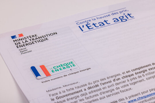 Paris, France - January 16, 2023 : The energy check for low-income households to pay their energy bill in times of inflation
