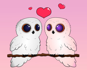 Cute owls couple on a branch. Valentine's day.