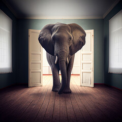 Big elephant standing in an empty room, animal concept, metaphorical idiom for important or enormous topic, illustration, generative ai - obrazy, fototapety, plakaty