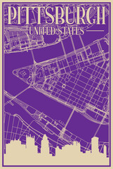 Purple hand-drawn framed poster of the downtown PITTSBURGH, UNITED STATES OF AMERICA with highlighted vintage city skyline and lettering