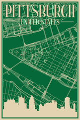 Green hand-drawn framed poster of the downtown PITTSBURGH, UNITED STATES OF AMERICA with highlighted vintage city skyline and lettering