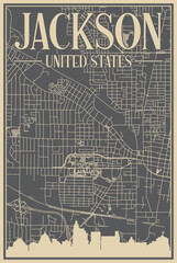 Grey hand-drawn framed poster of the downtown JACKSON, UNITED STATES OF AMERICA with highlighted vintage city skyline and lettering