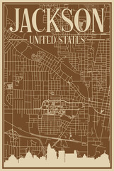 Brown hand-drawn framed poster of the downtown JACKSON, UNITED STATES OF AMERICA with highlighted vintage city skyline and lettering