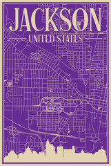 Purple hand-drawn framed poster of the downtown JACKSON, UNITED STATES OF AMERICA with highlighted vintage city skyline and lettering