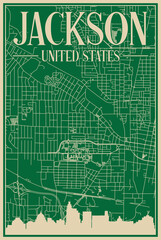 Green hand-drawn framed poster of the downtown JACKSON, UNITED STATES OF AMERICA with highlighted vintage city skyline and lettering