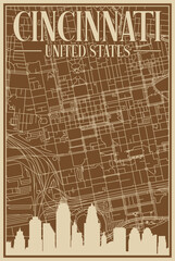 Brown hand-drawn framed poster of the downtown CINCINNATI, UNITED STATES OF AMERICA with highlighted vintage city skyline and lettering
