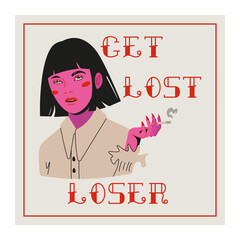 Bad Valentines gift card anti love concept. Feminist poster. Girl with a cigarette and a cheeky cynical phrase. Vector Illustration in trendy pink style.