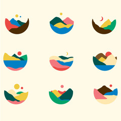 View of the mountains, river, sea. Hills, sun, moon. Round icons. Flat abstract design. Scandinavian landscapes. Big set of hand drawn trendy vector illustrations. Story wallpaper templates