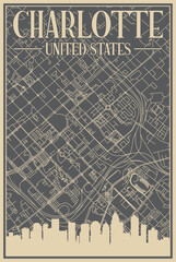 Grey hand-drawn framed poster of the downtown CHARLOTTE, UNITED STATES OF AMERICA with highlighted vintage city skyline and lettering