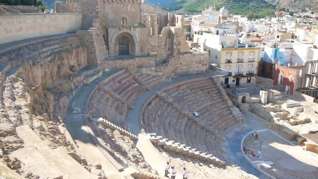 Panoramic View Of An Ancient Theater Ruins In A European City (Cartagena, Spain)