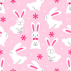 Rabbit seamless pattern background vector illustration. Cute white rabbits on pink background