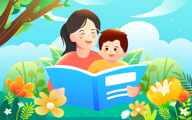 Parents guide their children to read and study, the background is various books and plants, vector illustration