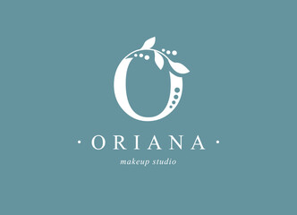 Logo, capital letter O. Monogram of Botanical Minimalistic with natural plant.