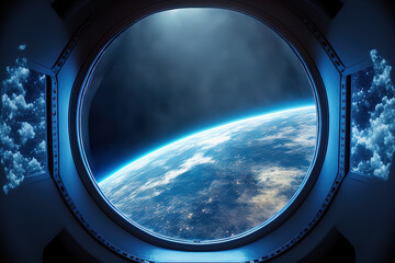 Fototapeta premium include a futuristic dark blue spaceship interior with a window view of Earth. Generative AI