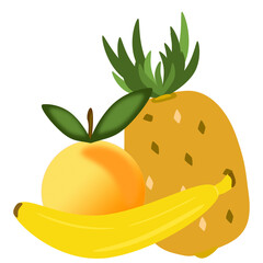 illustrazione con frutti di arancia, banana, ananas su sfondo trasparente