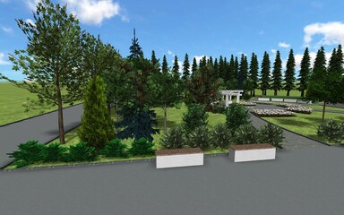 3d image of the landscape design of the city square. Computer visualization of a small garden plot.