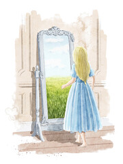 Watercolor fairytale blond girl Alice in blue dress goes through a magic mirror from a room to a magical world with grain grass isolated on white background. Hand drawn illustration sketch