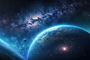 Lovely blue Earth with a blue glow, stars, and the Milky Way. dawn in outer space. Generative AI