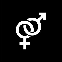  Symbols of men and women. Gender icon isolated on black background.