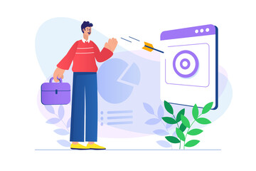 Business target concept with people scene in flat design. Man shoots arrow right on target, business vision, goal achievement and leadership. Illustration with character situation for web