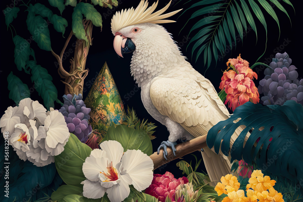 Wall mural White cockatoo in exotic jungle full of tropical leaves and large flowers. Amazing tropical floral patten for print, web, greeting cards, wallpapers, wrappers. Digital artwork