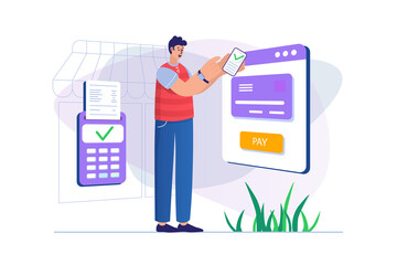 Online payment concept with people scene in flat design. Man conducts financial transaction and pays bill using banking app at mobile phone. Illustration with character situation for web