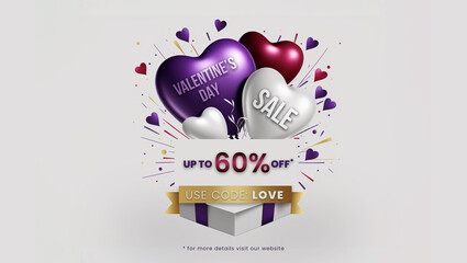 Valentine's Day Sale banner with heart shaped balloons and confetti. Horizontal layout. 3d rendering. 60% OFF