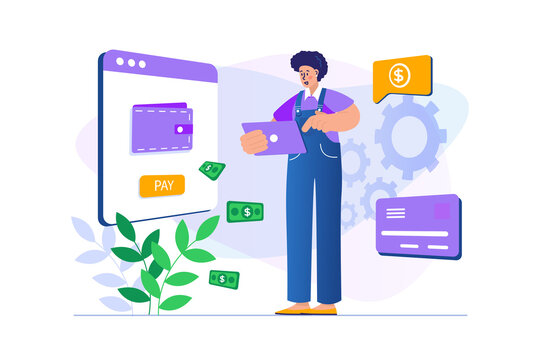 Online payment concept with people scene in flat design. Woman transfers money to electronic wallet and making transaction using credit card. Illustration with character situation for web