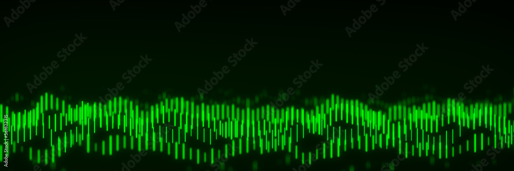Poster abstract dynamic wave flow of vertical green glow lines on a dark background. digital wave backgroun