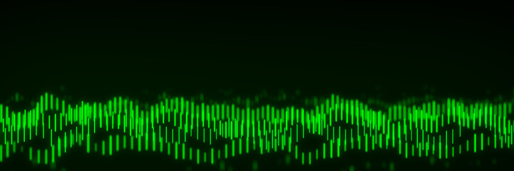 Abstract dynamic wave flow of vertical green glow lines on a dark background. Digital wave background concept. Big data visualization. 3D rendering.