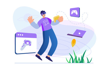 Cyberspace concept with people scene in flat design. Man in VR glasses plays online game with virtual reality simulation using joystick and laptop. Illustration with character situation for web