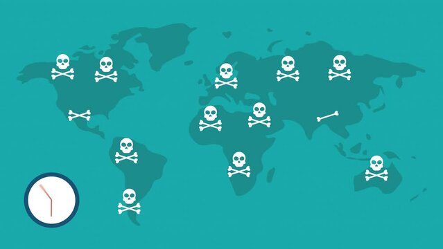 Flat Skulls Symbol on Worldwide motion animation, technology crimes,Security Audit, Virus Scanning, Cleaning, Eliminating Malware, Ransomware, Fraud, Spam, Phishing, Email Scam, Hacker Attack Effects