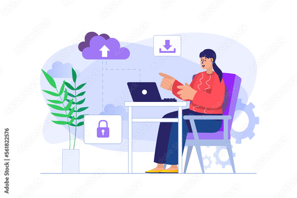 Aufkleber Cloud computing concept with people scene in flat design. Woman uploading data from cloud storage to laptop and sync using secure online access. Illustration with character situation for web