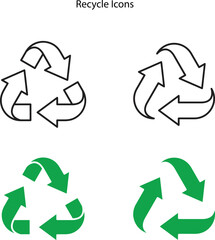 Recycle icon set isolated on white background. Recycled cycle arrows - green, outline, black. Recycling logo symbol. Ecology icon template.