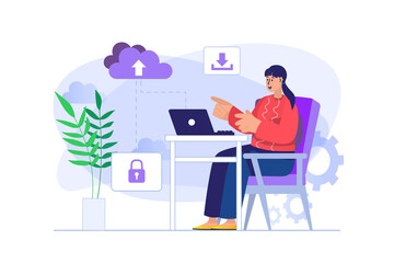 Cloud computing concept with people scene in flat design. Woman uploading data from cloud storage to laptop and sync using secure online access. Illustration with character situation for web