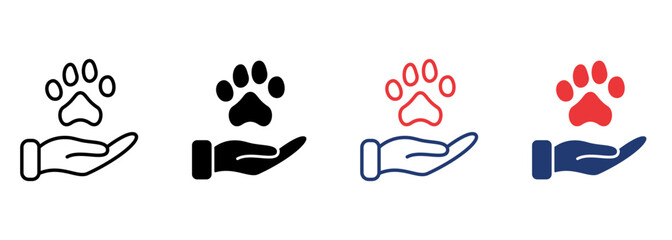 Animal Paw and Human Hand Icon. Animal Donation, Care and Protection concept. Adoption of Pets, Shelter, Charity Icon. Animal welfare Pictogram. Editable Stroke. Vector illustration