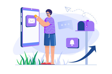 Email service concept with people scene in flat design. Man receives notification and receiving new letter, manages inbox on mobile phone app. Illustration with character situation for web
