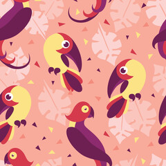 Birds in jungle pattern seamless. Exotic creative tropical bird toucan of paradise decoration colorful trees leaves and vector abstract