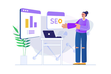 Seo analysis concept with people scene in flat design. Woman analyzes data graphs and keywords, settings search engine ranking and traffic. Illustration with character situation for web