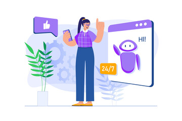 Virtual assistant concept with people scene in flat design. Woman chatting with chat bot and get advice online in messenger of technical support. Illustration with character situation for web