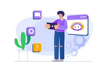 Virtual assistant concept with people scene in flat design. Woman writes online message to technical support and receives response from chatbot. Illustration with character situation for web