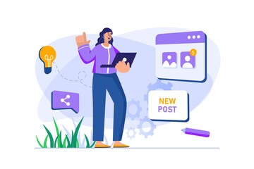 Content manager concept with people scene in flat design. Woman generates new ideas and creates content plan with posts and filling online blog. Illustration with character situation for web