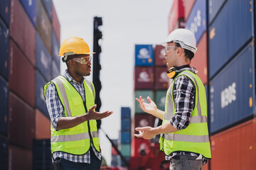 Cheerful Caucasian engineer wearing safety vest standing by shipping container terminal greeting talking to African collaborator. Transportation business. Logistic industrial concept