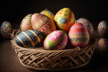 Fototapeta na wymiar Easter eggs with vibrant paint in a tan basket. Generative AI