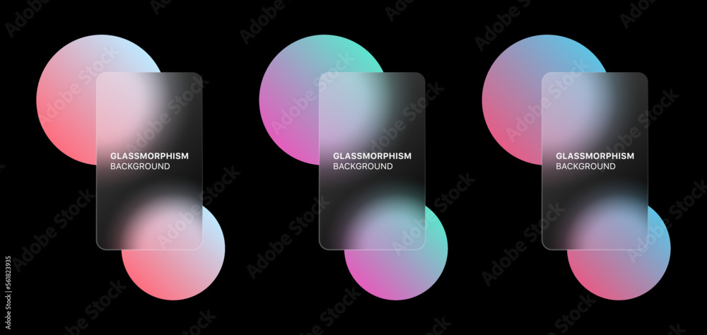 Poster glassmorphism background banner with transparent glass frame template . Realistic Frosted glass morphism effect with blurred abstract gradient circle shapes. Vector illustration