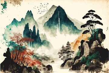 Landscape Chinese and Japanese style design in water color. Generative AI
