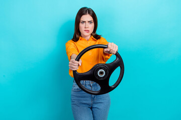 Photo of lovely adorable stressed woman straight hairdo yellow shirt got in accident hold steering...
