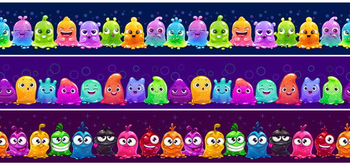 Seamless line of cartoon cute slime monsters.