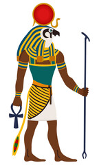 Ancient Egypt. Ra, God of the sun. Man with the head of a falcon, sailing in a boat. With cobras. Vector illustration. - obrazy, fototapety, plakaty